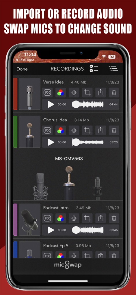 MicSwap Pro:  Microphone Sound - Interfaz de la aplicación MicSwap Pro que muestra una lista de grabaciones de audio con opciones para cambiar de micrófono y editar archivos