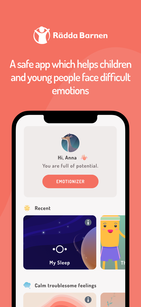 Safe Place - Home screen of the Safe Place app showing a personalized greeting and mental health exercises for children and young people