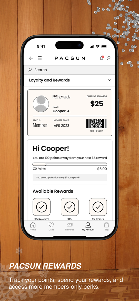 Pacsun app mobile screen showing the loyalty and rewards dashboard with a barcode and current points for a member.