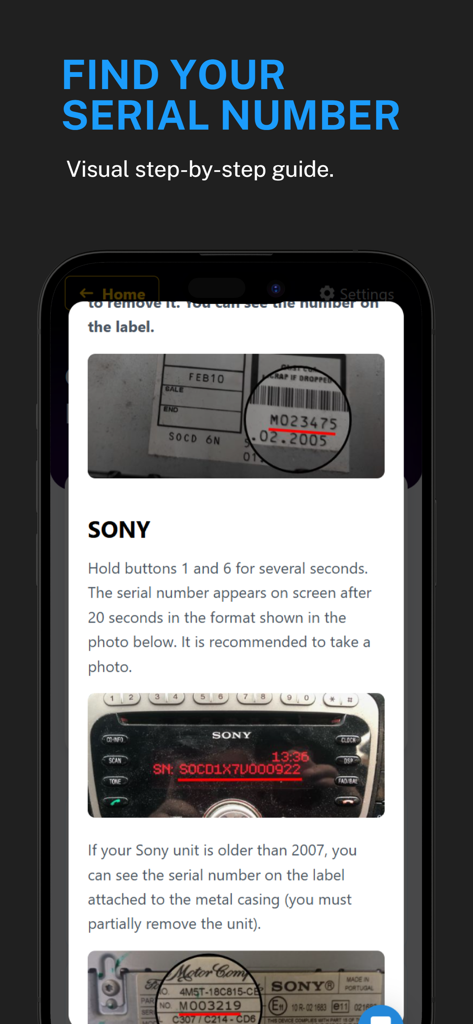 Step-by-step visual guide to finding a car radio serial number on labels and digital screens