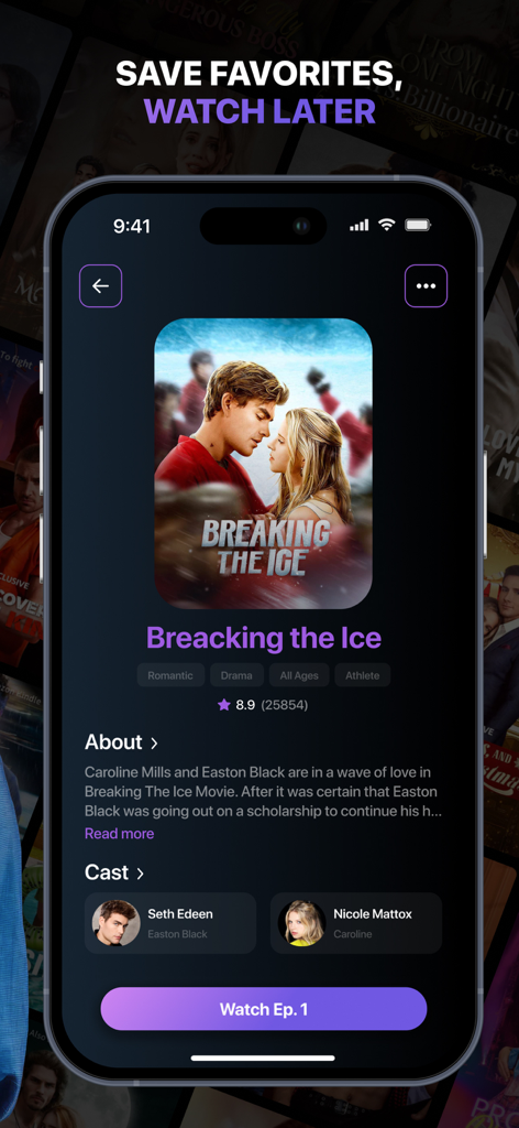 Watch Drama - TV Series Daily - 映画の詳細と「お気に入りに追加」オプションを示すWatch Dramaアプリのインターフェイス。