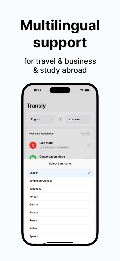Transly app interface showing a list of supported languages for translation including English Chinese Japanese and Korean