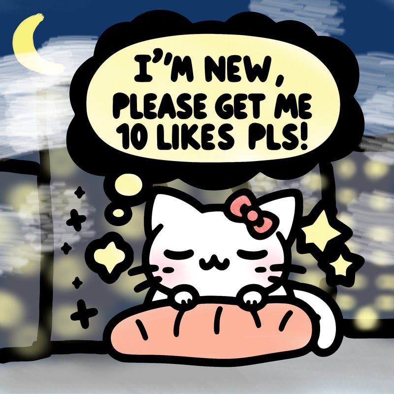 kitty taking a nap dream talking and saying "i'm new, please get me at least 10 likes pls!!"