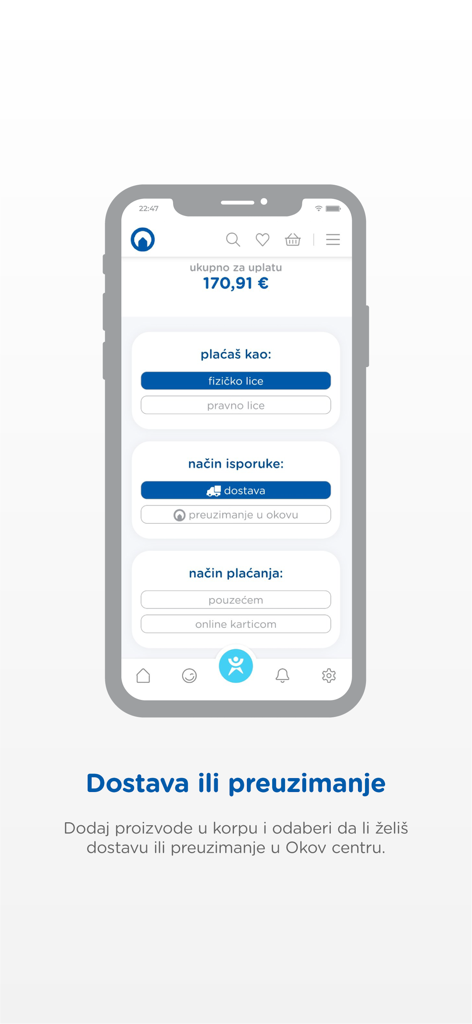 Okov - Okov mobile app checkout screen displaying options for delivery or in-store pickup with payment method selection.