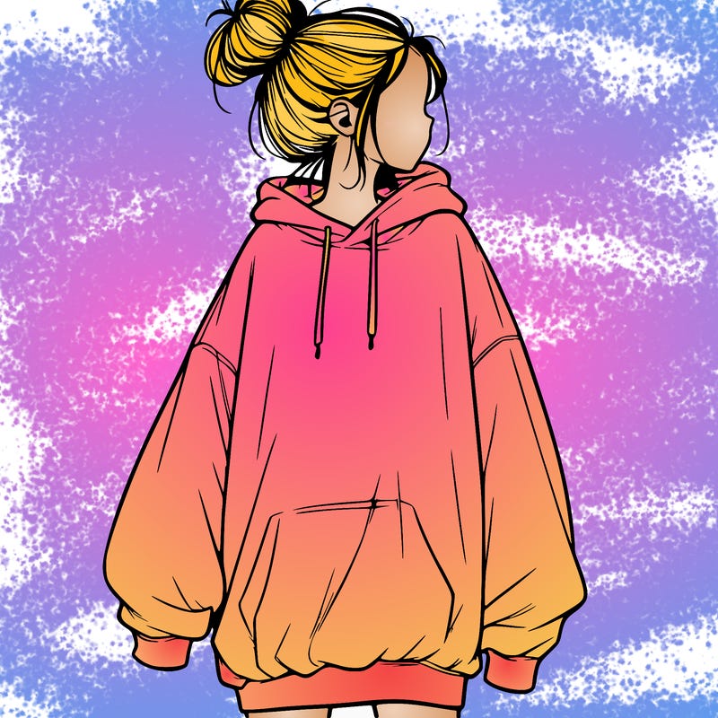 realistic girl with a oversized sweatshirt on and a bun
