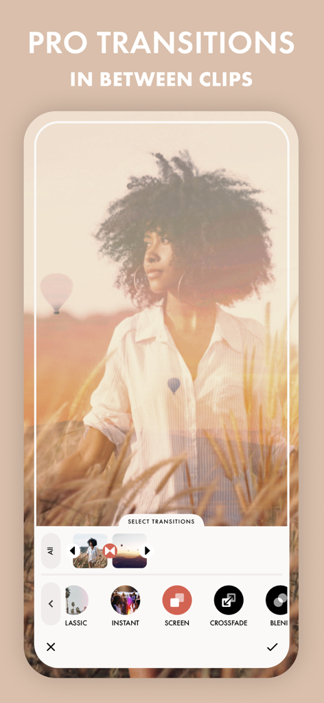 Filmm: One-Tap Video Editor - Interface do aplicativo Filmm mostrando transições de vídeo profissionais entre clipes para conteúdo de estilo de vida estético