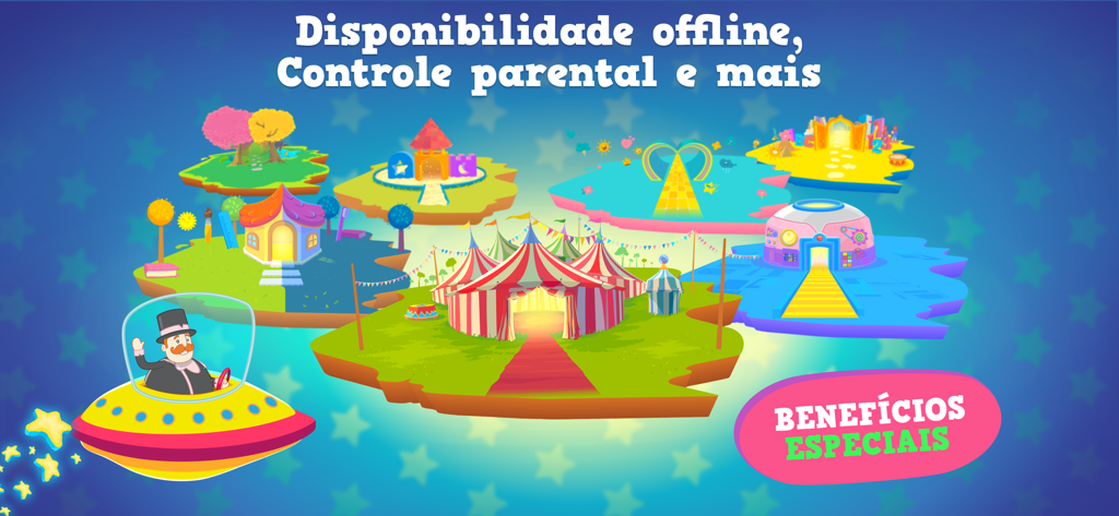 Mundo Bita character in a yellow spaceship flying over colorful floating islands showcasing app features