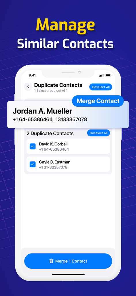 Interfaz de la aplicación ZCleaner para gestionar y fusionar contactos similares y duplicados en el iPhone