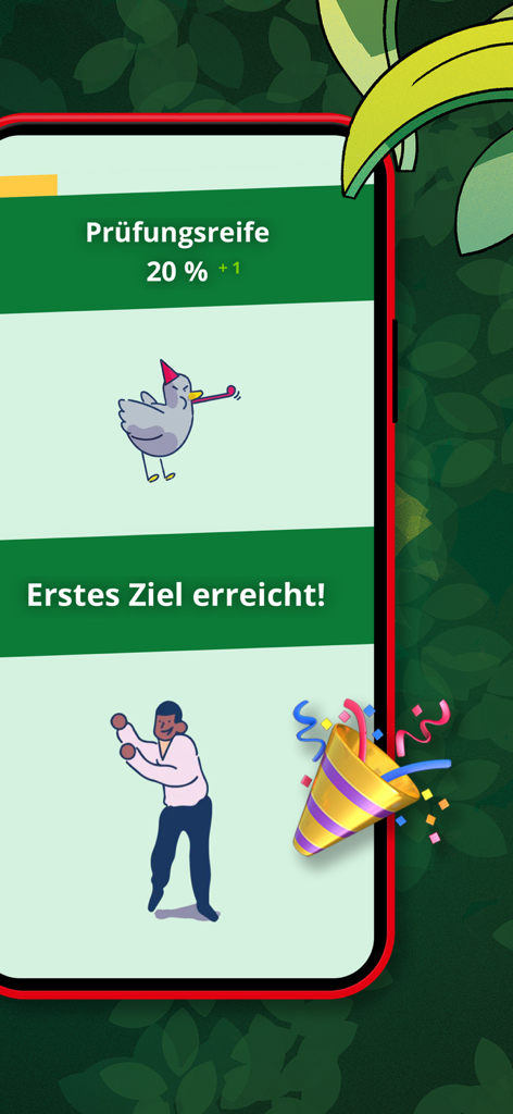 FahrAPP - Uma captura de ecrã do FahrAPP a mostrar uma barra de progresso de prontidão para o exame de 20 por cento e uma celebração por atingir o primeiro objetivo com personagens de desenhos animados e um disparador de confetis.