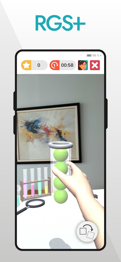 Un usuario realizando un ejercicio de coordinación de manos en realidad aumentada en la aplicación de rehabilitación neurológica RGS plus.