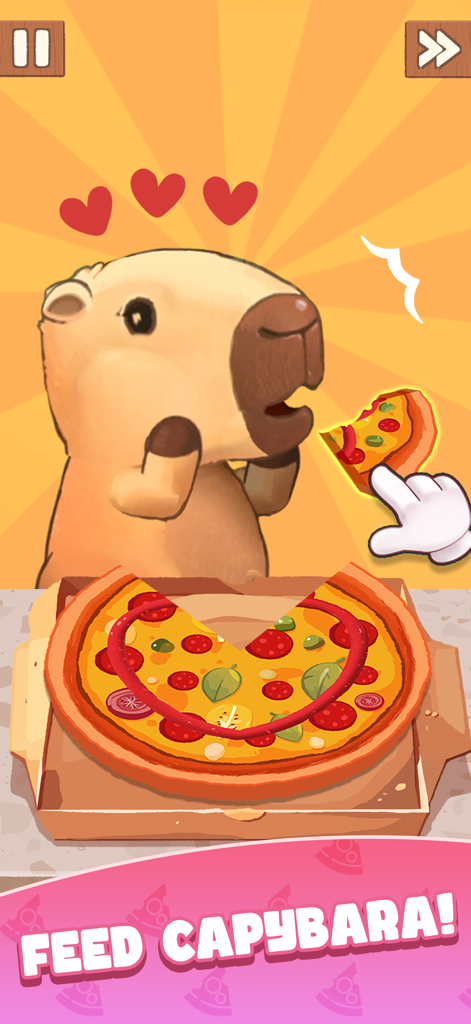 A cute capybara being fed a slice of pizza in the Cookingdom mobile game.