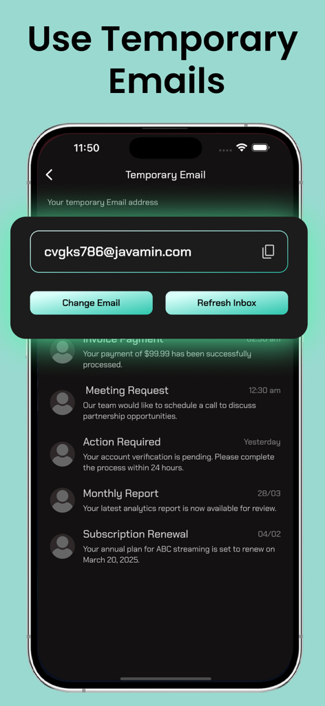 Bolt VPN app interface showing the temporary email generator and inbox to manage spam