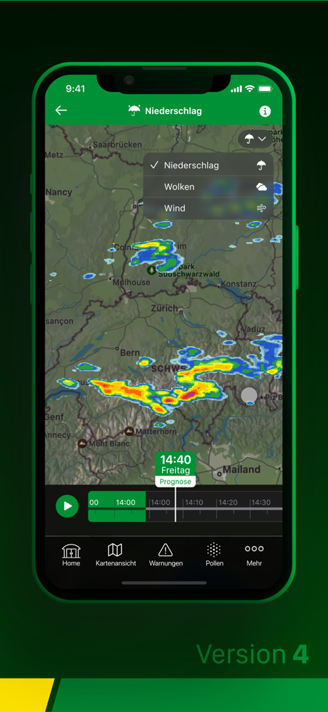 LANDI Wetter - LANDI Wetterアプリの降水レーダーマップ。スイス上空の天気が表示されています。