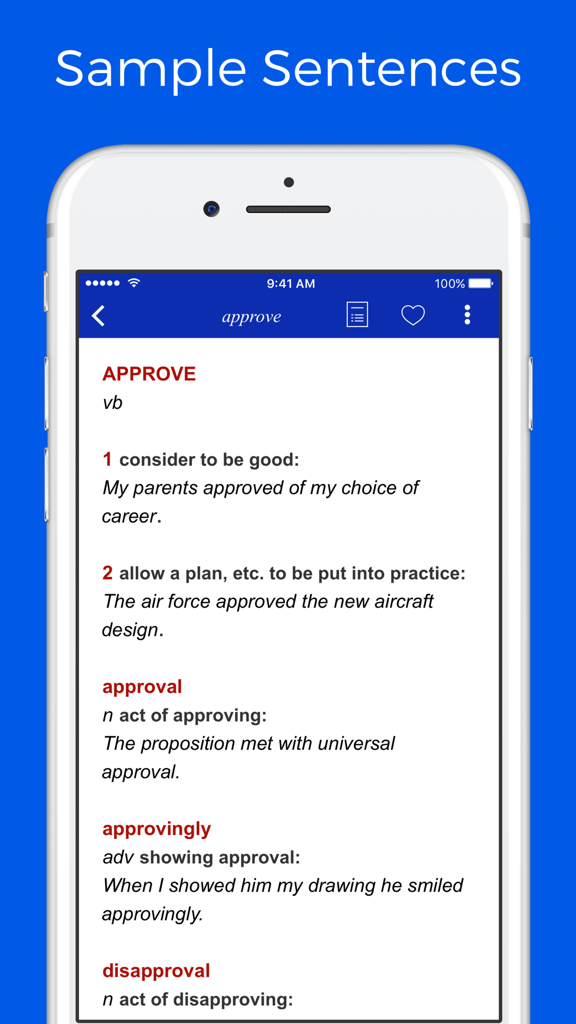 Captura de tela do aplicativo Dicionário de Famílias de Palavras mostrando frases de exemplo e definições para a família da palavra approve