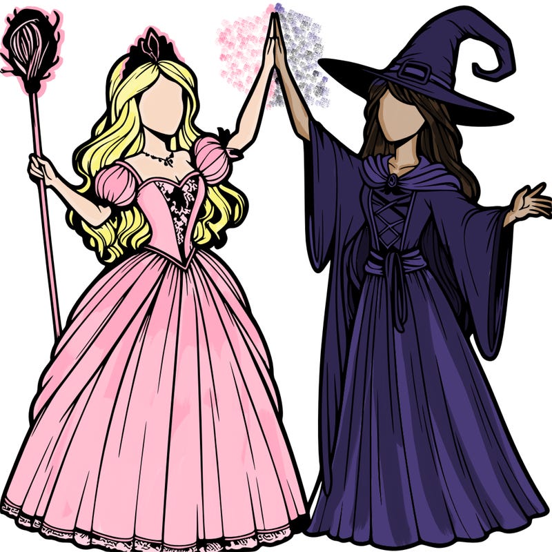 detailed realistic split of a princess and a witch