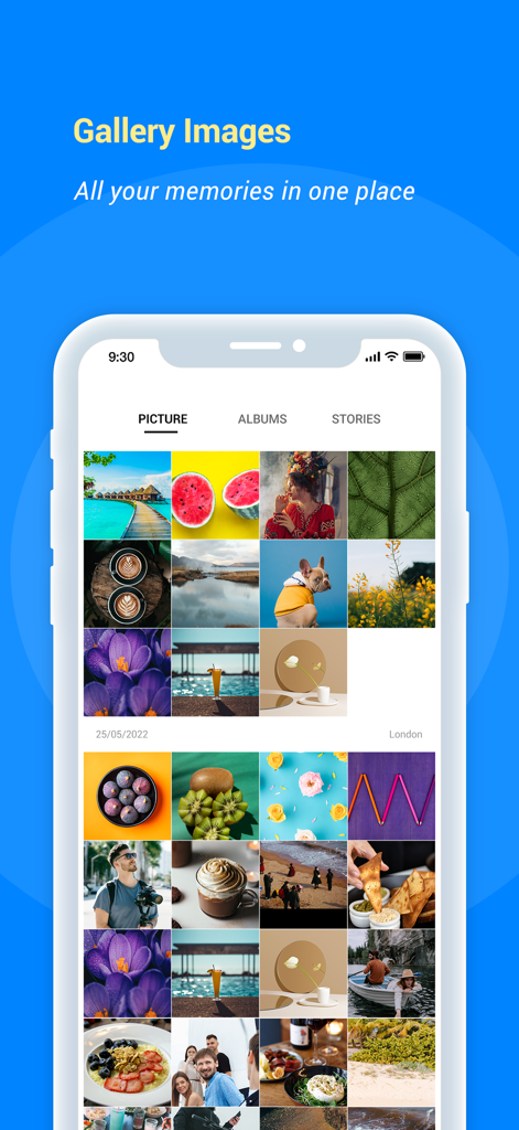 A mobile interface of the Photo Gallery album app displaying a grid of photos including travel, food, and family memories