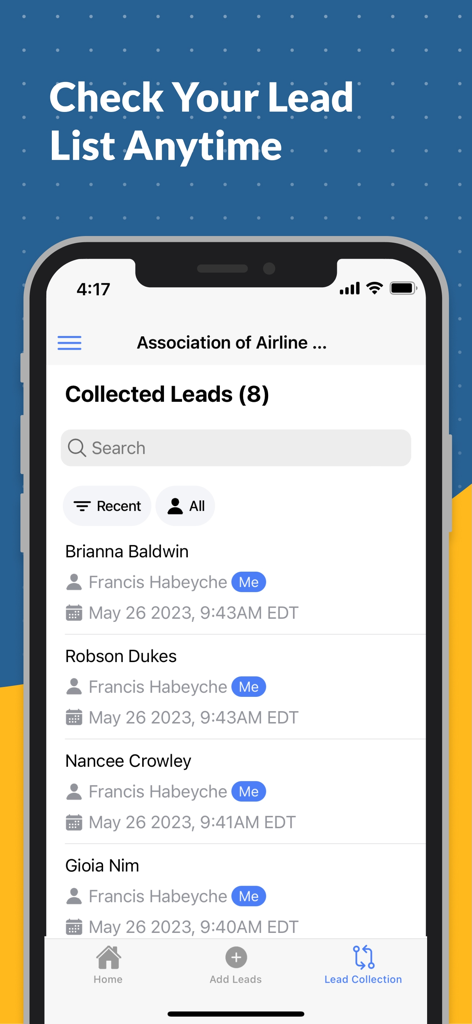 Lead Capture by EventMobi - Una pantalla de aplicación móvil que muestra una lista de leads de eventos recopilados con nombres y marcas de tiempo de captura.