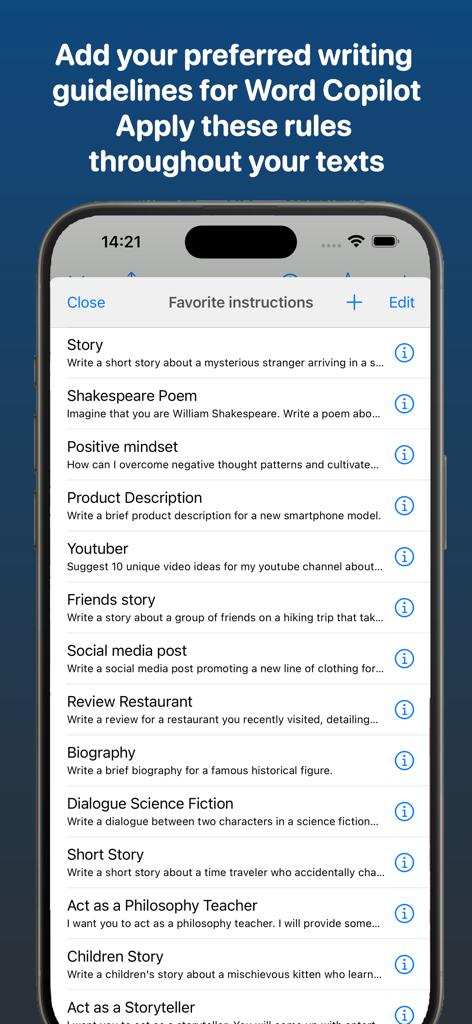 A list of favorite AI writing instructions in the GeminAI app including story prompts and social media post ideas on an iPhone.
