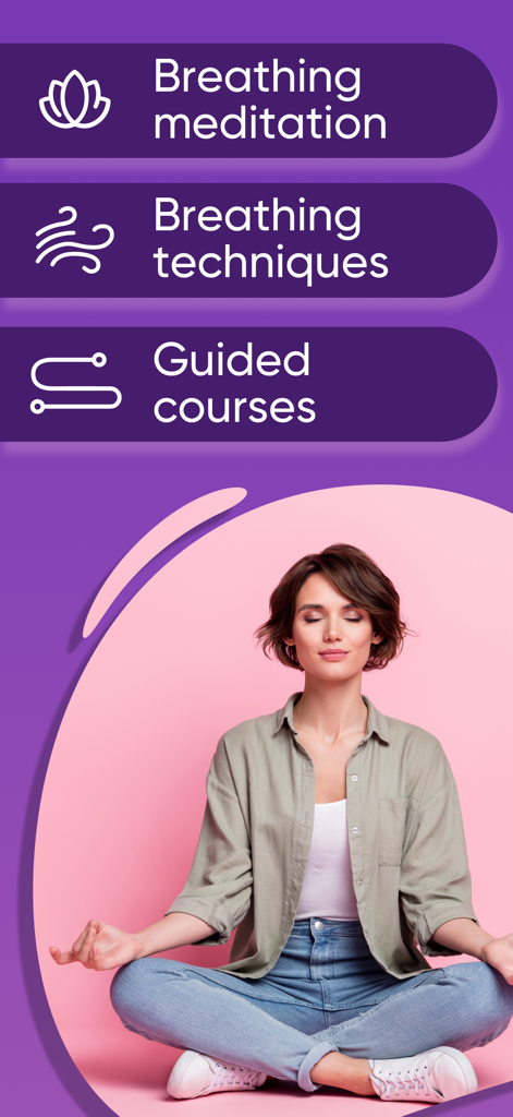Breathing Exercises by Breeeze - A woman meditating with menu options for breathing techniques and guided courses