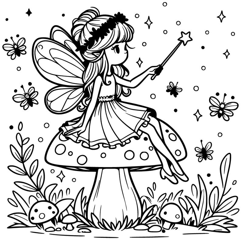 a magical fairy sitting on a toadstool%2c holding a glowing wand%2c with fireflies lighting up the night.