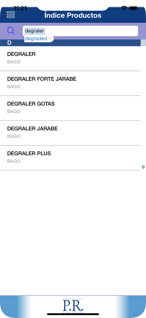 PR Vademécum Chile 2026 - Interface do aplicativo PR Vademecum Chile mostrando uma busca por Degraler no índice de produtos