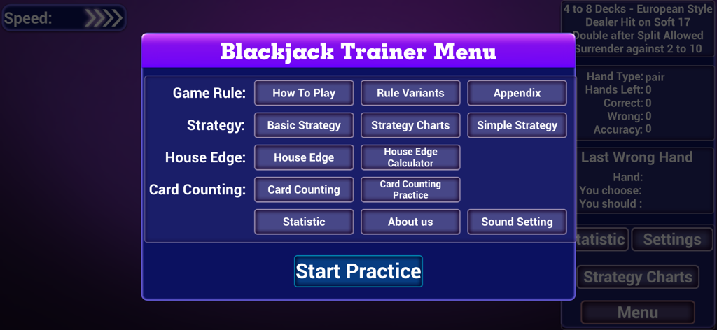 Main menu of the Blackjack Trainer app showing modules for strategy charts house edge calculation and card counting practice