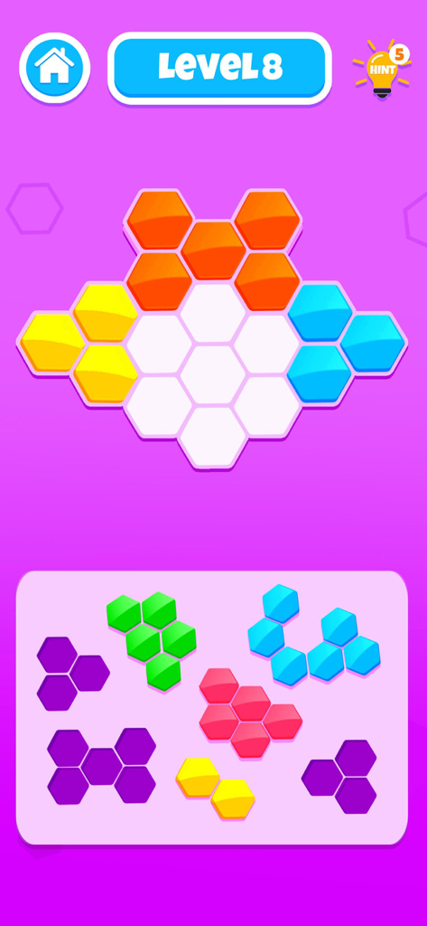 Brain On: Baby Puzzle Games - Jugabilidad de un colorido puzzle de lógica hexagonal para niños en Brain On Baby Puzzle Games.