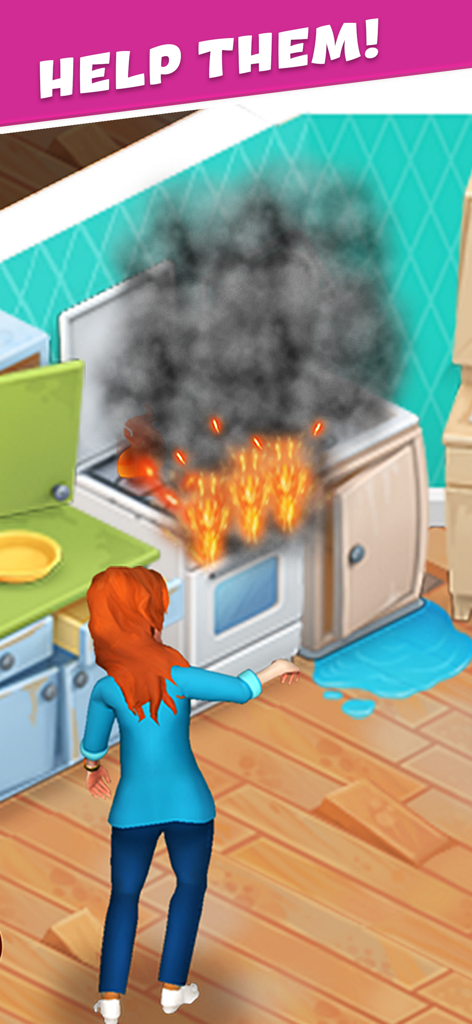 Una personaje femenina en el juego Open House mirando una estufa de cocina en llamas con humo