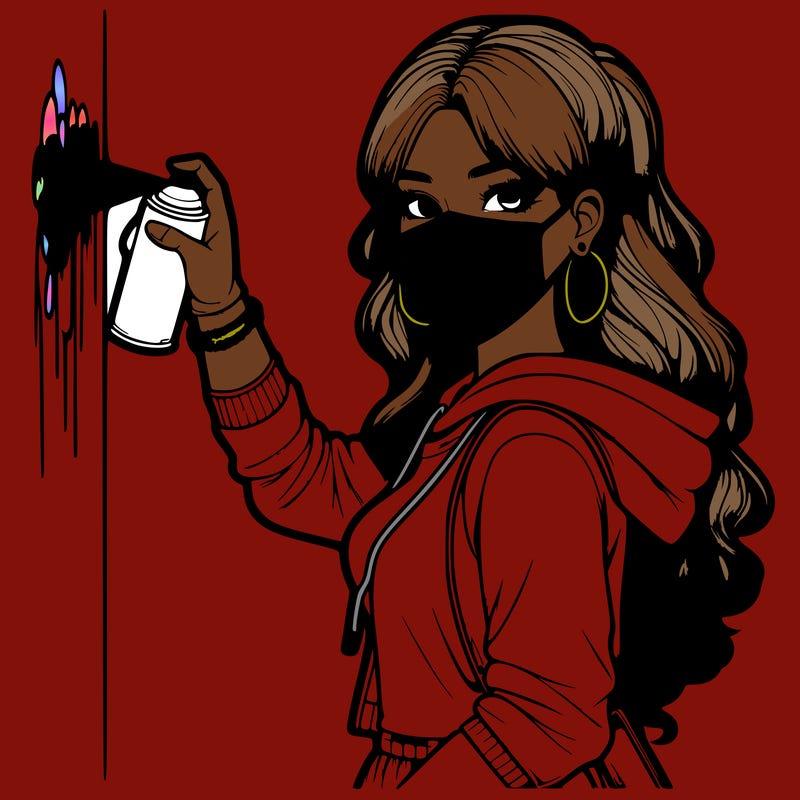 realistic girl with mask spray painting a wall