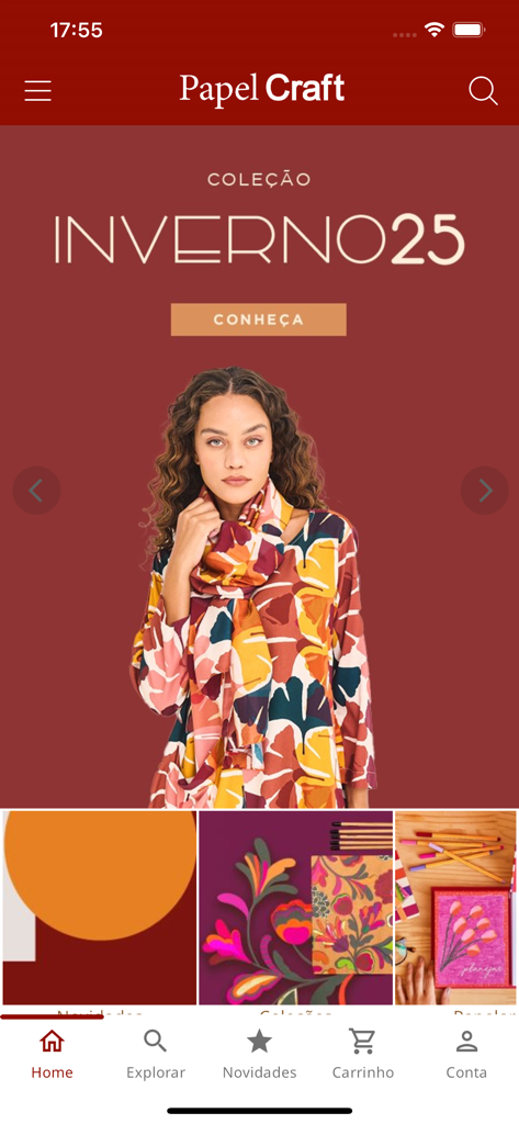 Pantalla de inicio de la aplicación móvil Papel Craft con el banner de la colección de moda Invierno 25 y categorías de compras.