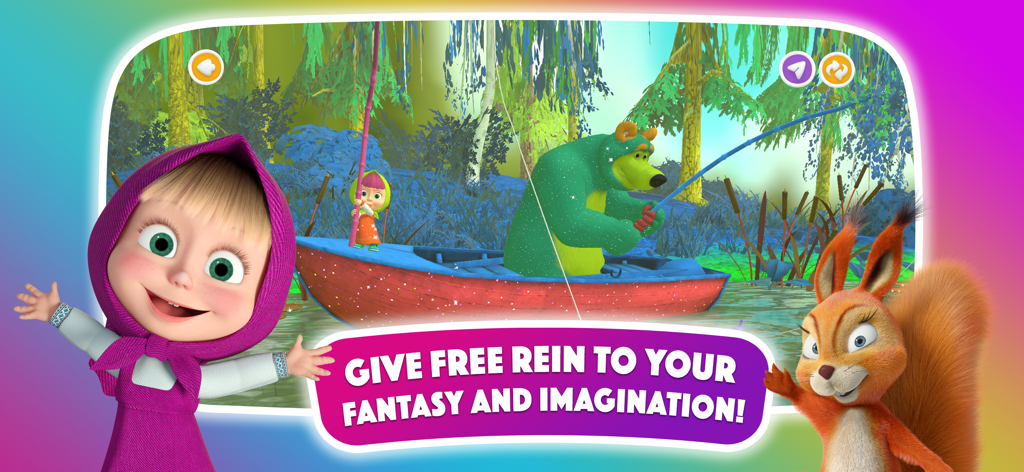 Masha y el Oso pescando en un bote dentro de una colorida escena animada en 3D