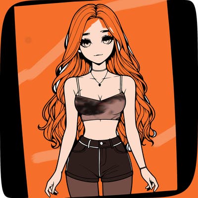 a realistic girl with long hair and in a crop top and shprts