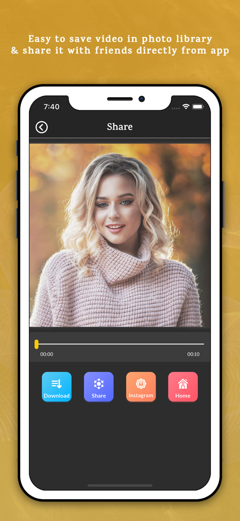 Video Maker With Music - A smartphone showing the share interface of the Video Maker With Music app with options to download and share to Instagram