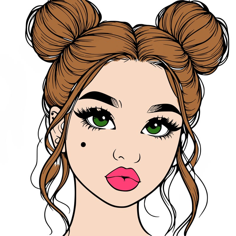 realistic girl with two buns on her hair and lips