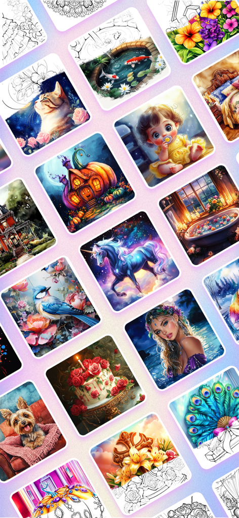 Color Up: Color By Number - A diverse grid of coloring page illustrations from the Color Up app including animals mandalas and portraits