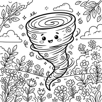 Get ready for a unique coloring adventure with our friendly tornado twirling through a beautiful spring garden. This charming design is perfect for kids who love nature and a touch of whimsical weather!