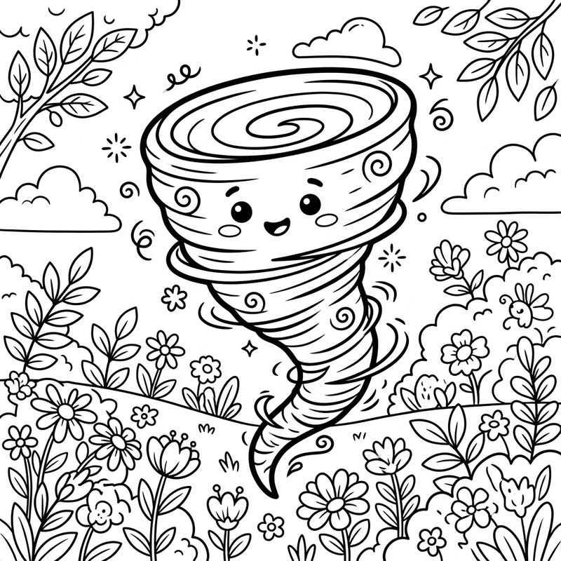 Get ready for a unique coloring adventure with our friendly tornado twirling through a beautiful spring garden. This charming design is perfect for kids who love nature and a touch of whimsical weather!