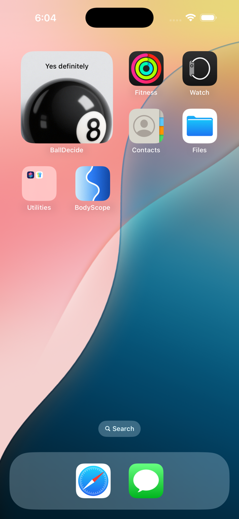 BallDecide-Magic 8Ball Fortune - Widget interattivo della sfera magica 8 di BallDecide sulla schermata Home di un iPhone che mostra una risposta sì.