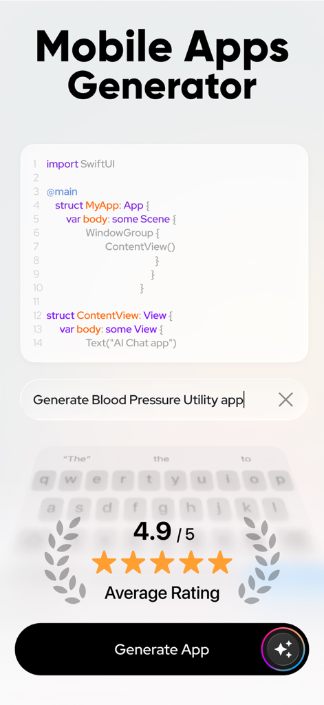 VibeCode: AI Coding App Maker - VibeCode app interface showing AI code generation for a mobile app with a 4.9 average rating
