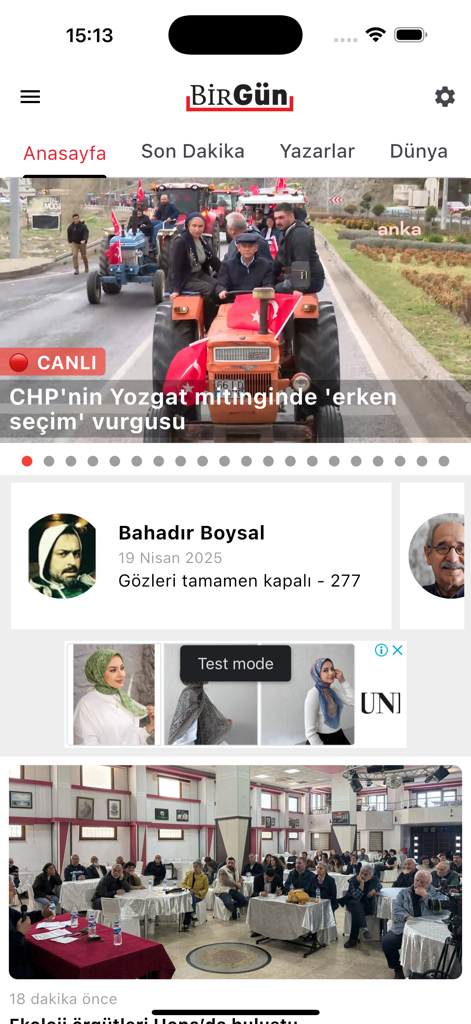 Birgün Gazetesi - トルコのニュースの見出しと著者が表示されているBirgün Gazetesiモバイルアプリのユーザーインターフェイス