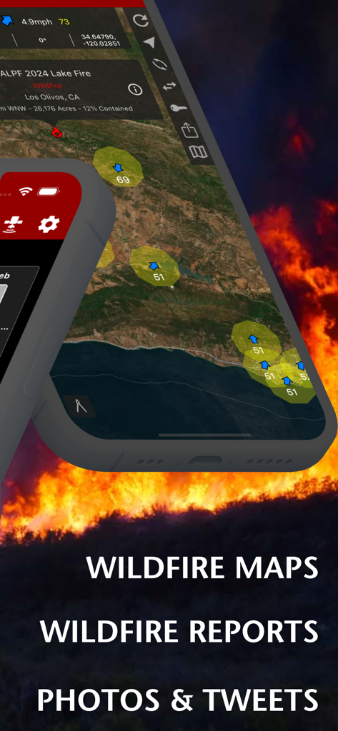 Fires: Wildfire News and Atlas - Fires app interface showing wildfire maps and incident reports over a background of flames