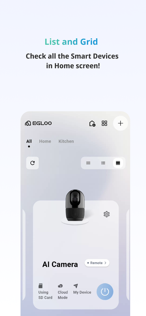 EGLOO app home screen showing a list and grid view of smart security cameras and devices