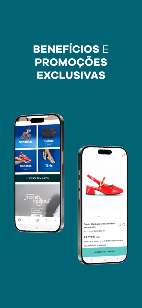 Deux smartphones affichant l'interface de l'application PICCADILLY avec des catégories de chaussures et une page produit de escarpins rouges