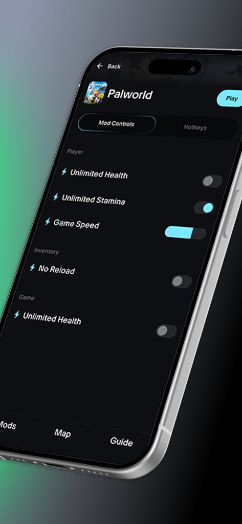 Wand Pro Remote (WeMod) - Wand Pro Remote mobile app interface showing mod controls for Palworld including unlimited health and game speed sliders