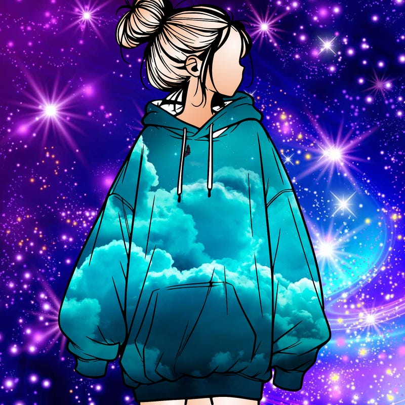 realistic girl with a oversized sweatshirt on and a bun