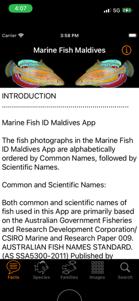 Introduction screen of the Marine Fish Maldives app detailing fish naming conventions and navigation options