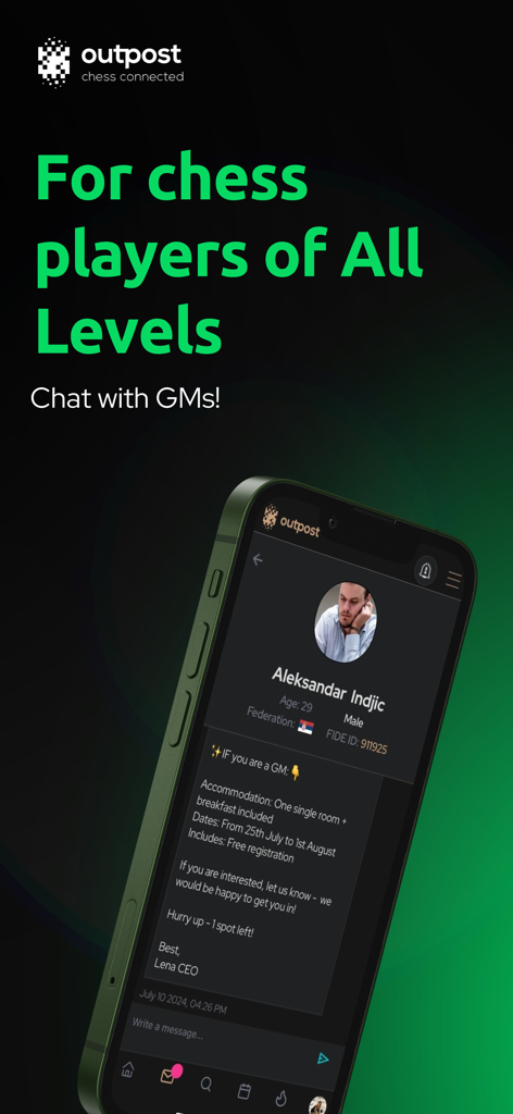 Outpost Chess - Interface do aplicativo Outpost Chess mostrando o perfil de um grande mestre e janela de chat