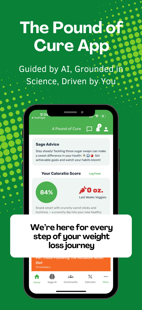 A Pound of Cure - Pantalla de inicio de la aplicación A Pound of Cure que muestra la puntuación Caloratio y las herramientas de seguimiento de pérdida de peso