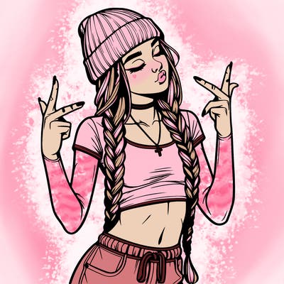 realistic teenage girl with braids and a beanie and crop top doing 🫶🏼