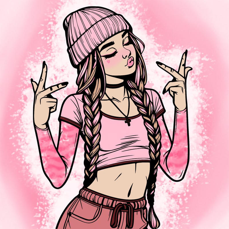 realistic teenage girl with braids and a beanie and crop top doing 🫶🏼